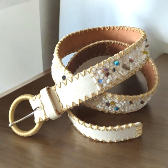 Leather Sequin Stone Embroidered Western Style Belt Cream Gold Stitching W's M - Picture 14 of 14